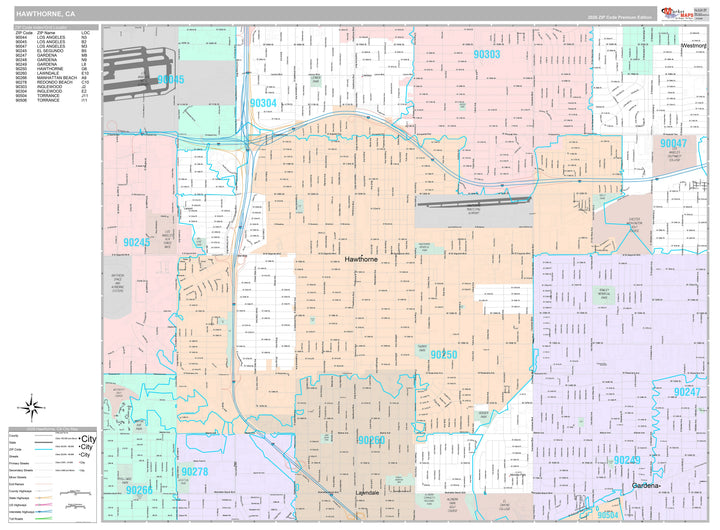 Premium Style Wall Map of Hawthorne, CA