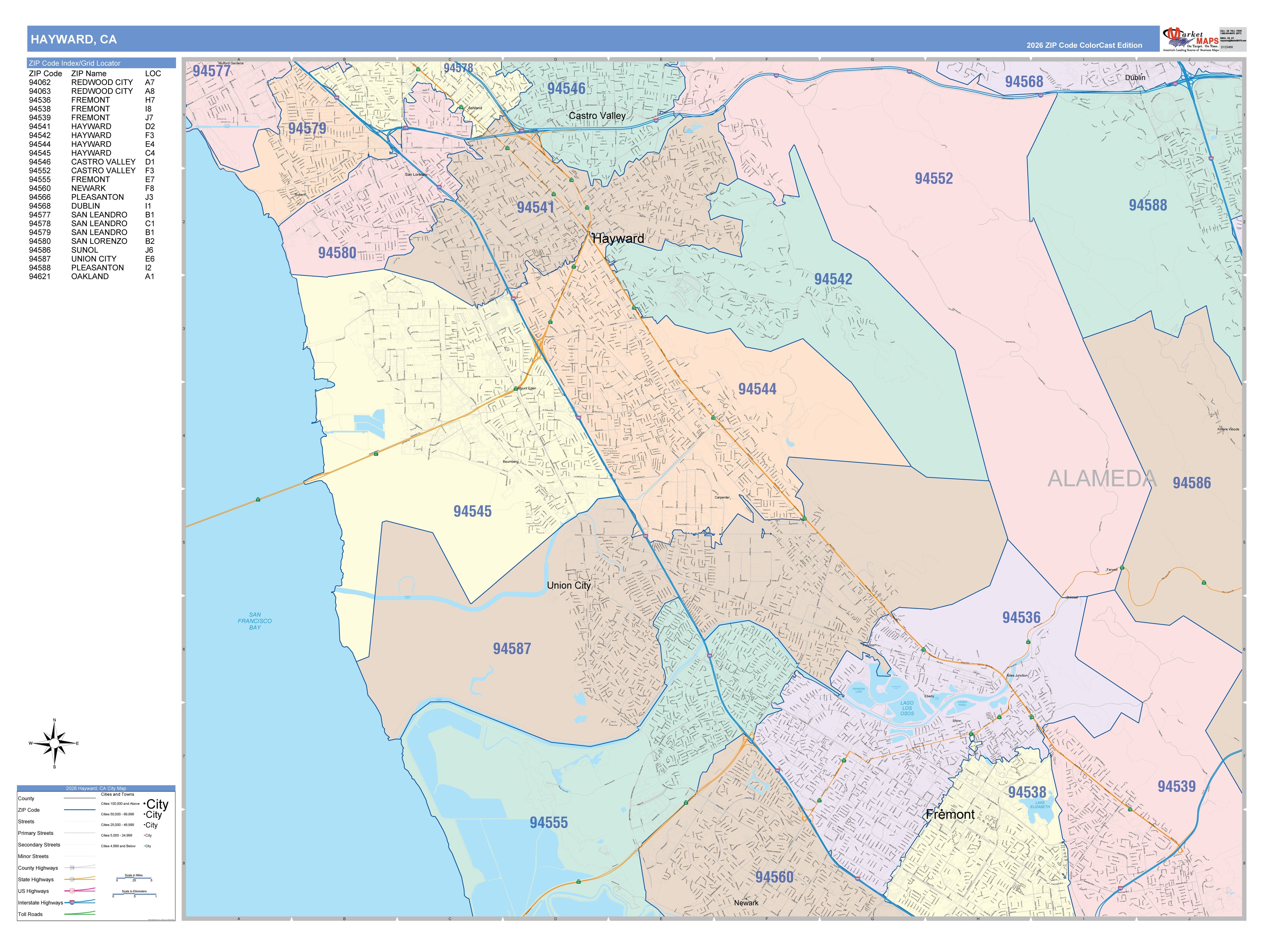 Color Cast Zip Code Style Wall Map of Hayward, CA – American Map Store