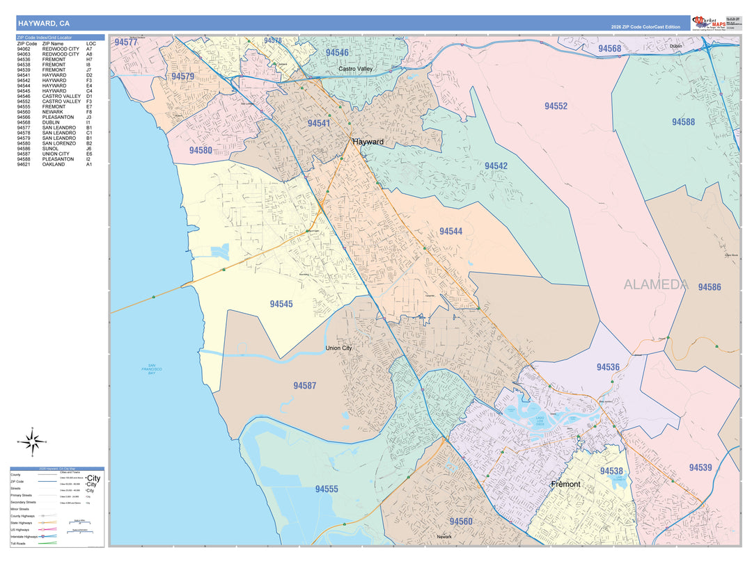 Color Cast Zip Code Style Wall Map of Hayward, CA