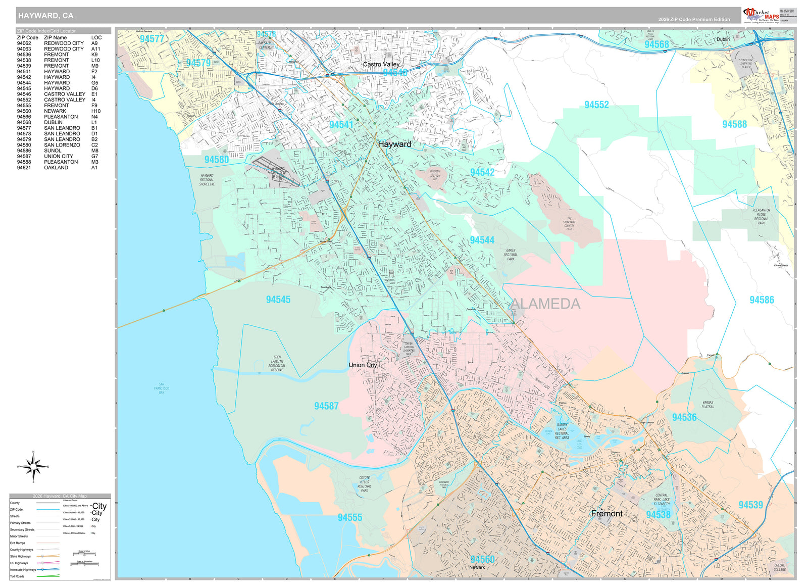 Premium Style Wall Map of Hayward, CA