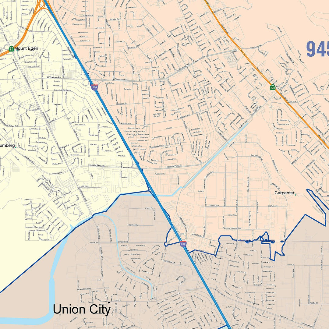 Color Cast Zip Code Style Wall Map of Hayward, CA