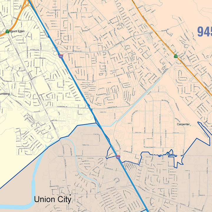 Color Cast Zip Code Style Wall Map of Hayward, CA