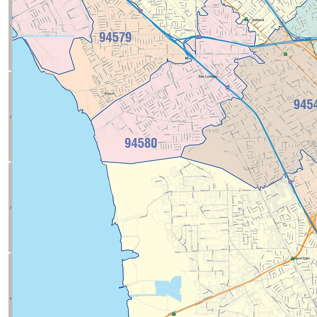 Color Cast Zip Code Style Wall Map of Hayward, CA