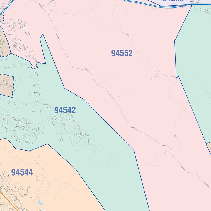 Color Cast Zip Code Style Wall Map of Hayward, CA