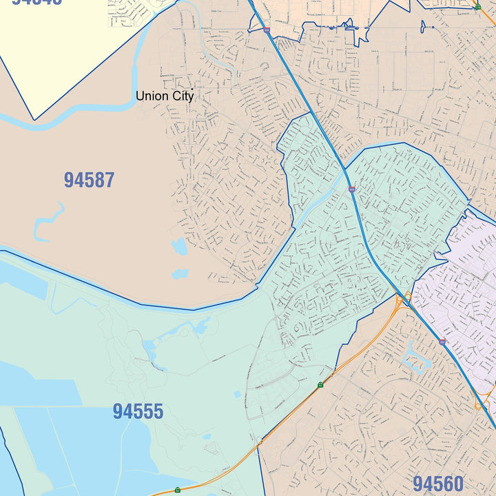 Color Cast Zip Code Style Wall Map of Hayward, CA