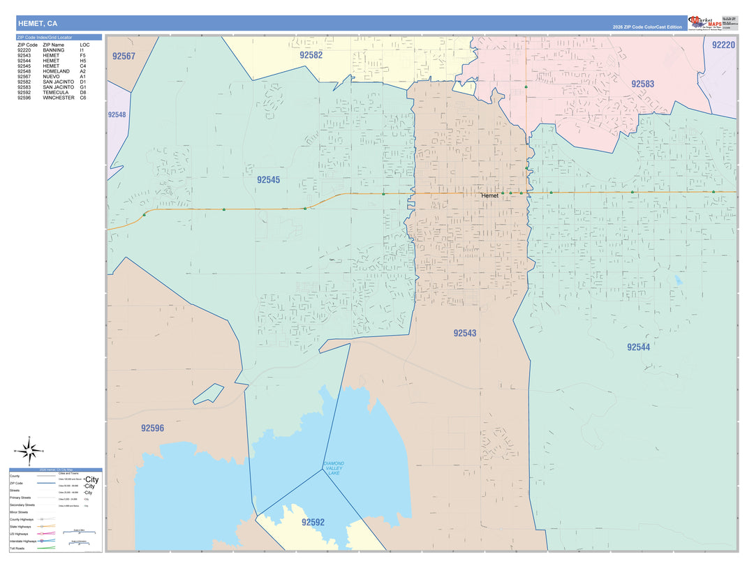 Color Cast Zip Code Style Wall Map of Hemet, CA