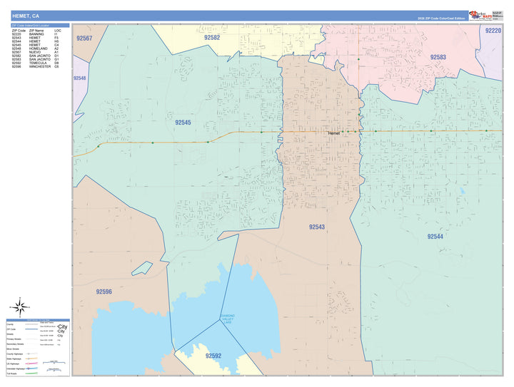 Color Cast Zip Code Style Wall Map of Hemet, CA