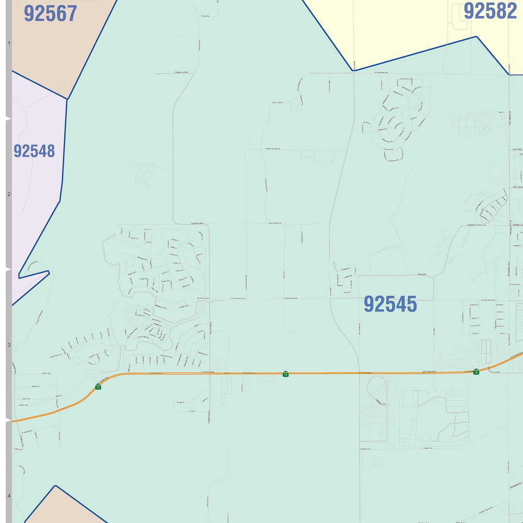 Color Cast Zip Code Style Wall Map of Hemet, CA