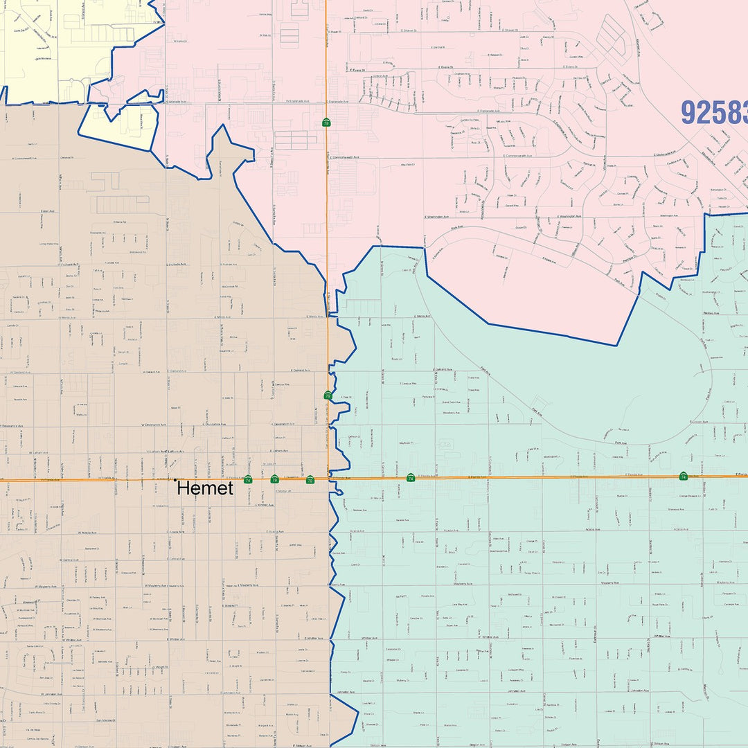 Color Cast Zip Code Style Wall Map of Hemet, CA