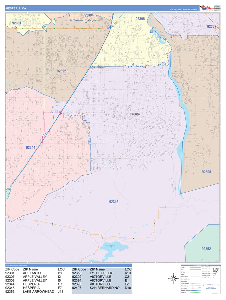 Color Cast Zip Code Style Wall Map of Hesperia, CA