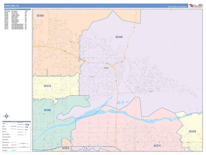 Color Cast Zip Code Style Wall Map of Highland, CA