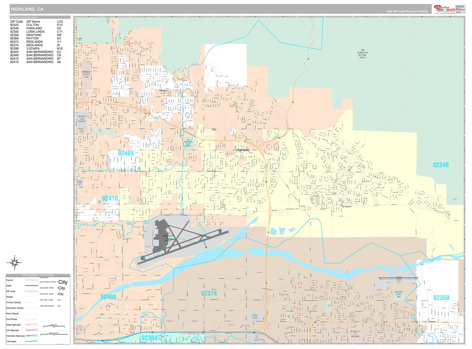 Premium Style Wall Map of Highland, CA