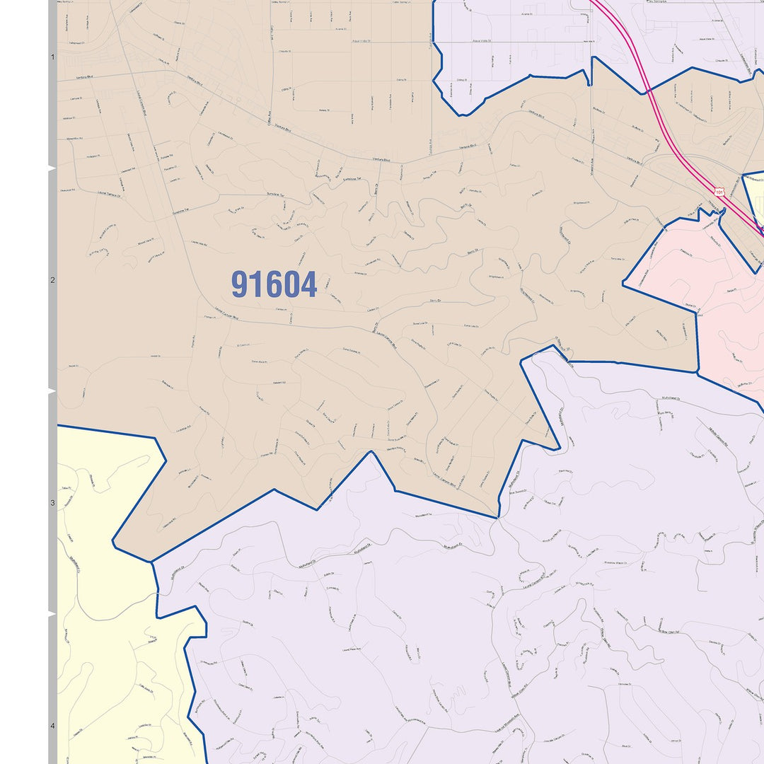 Color Cast Zip Code Style Wall Map of Hollywood, CA