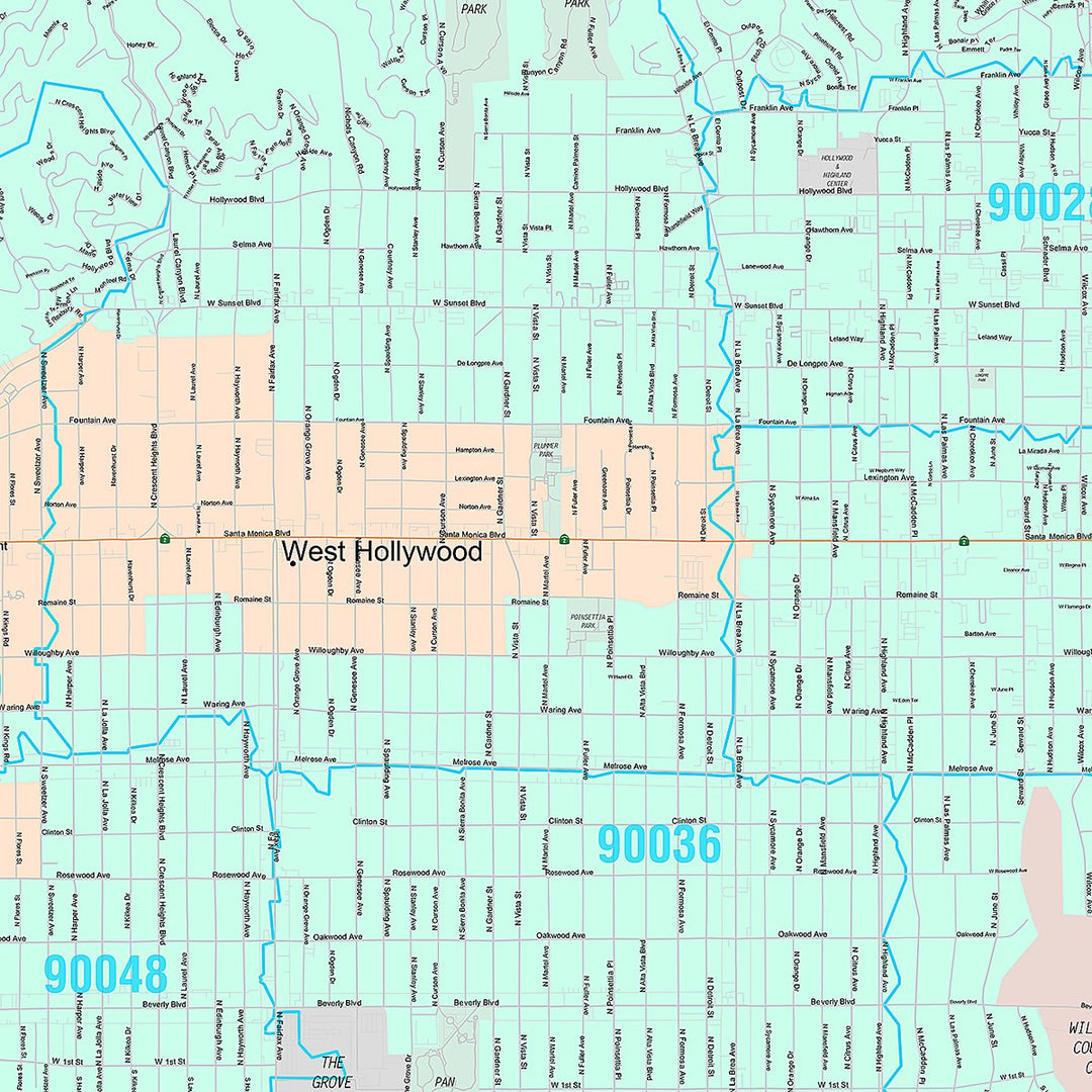 Premium Style Wall Map of Hollywood, CA