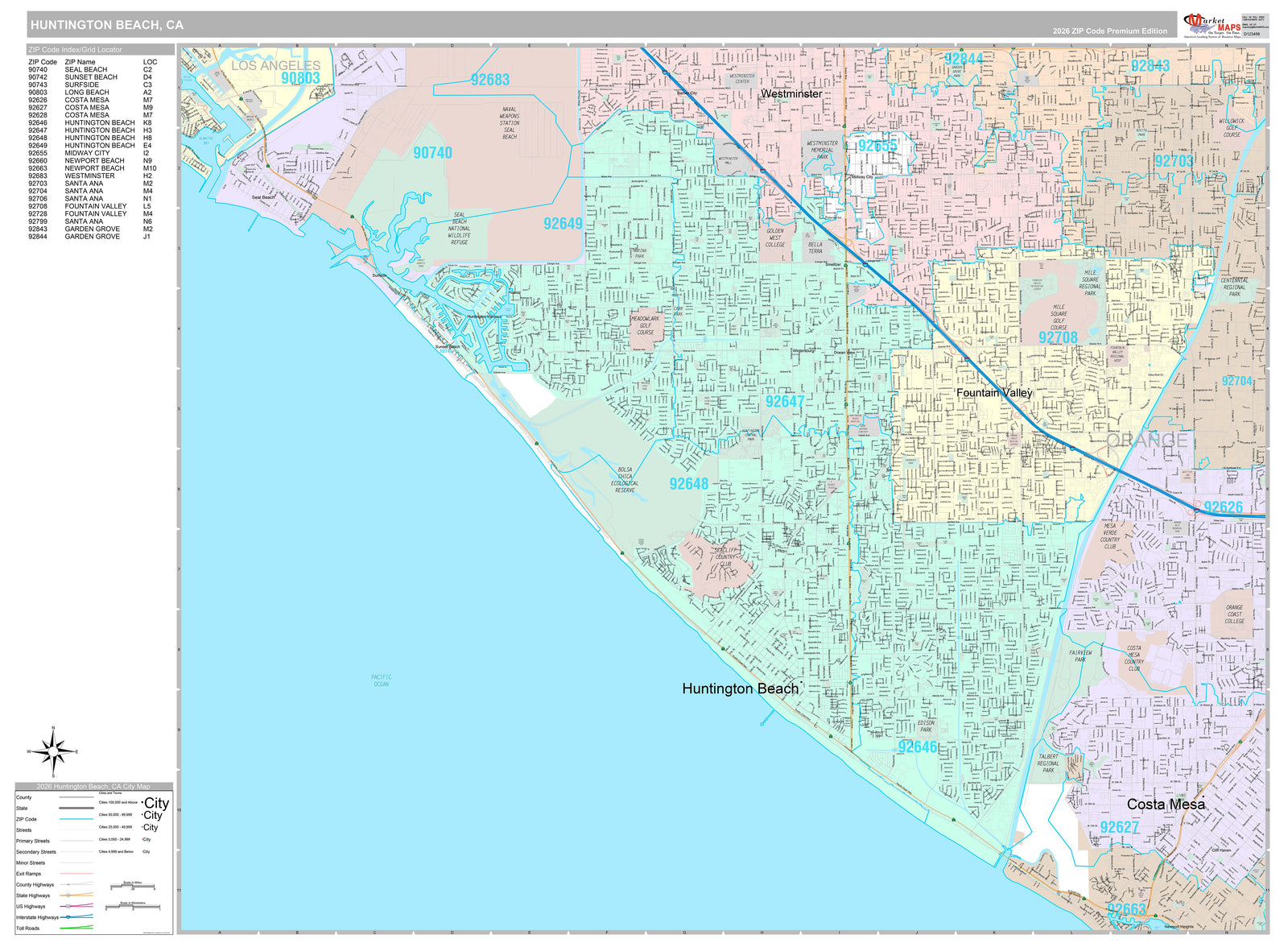 Premium Style Wall Map of Huntington Beach CA