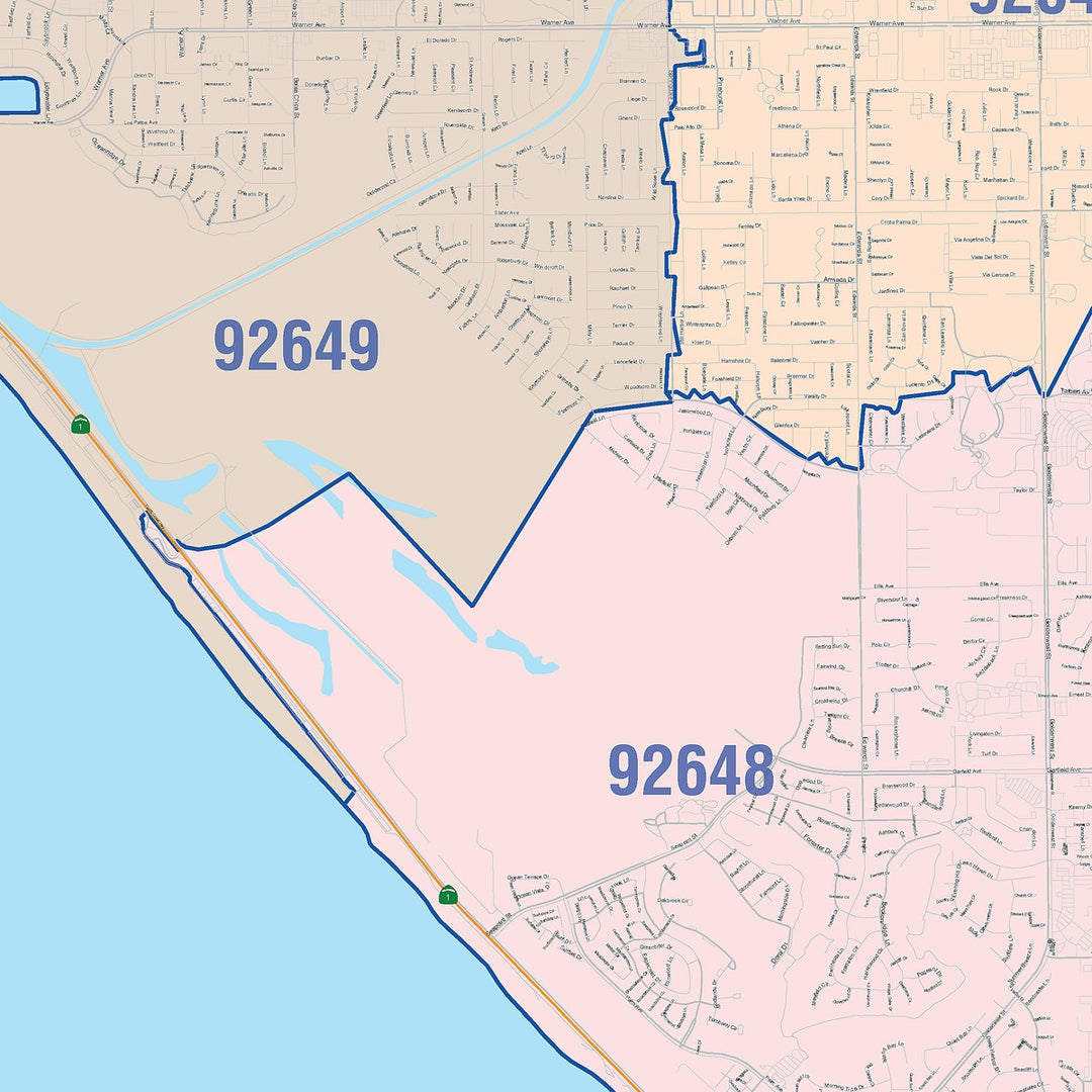 Color Cast Zip Code Style Wall Map of Huntington Beach, CA