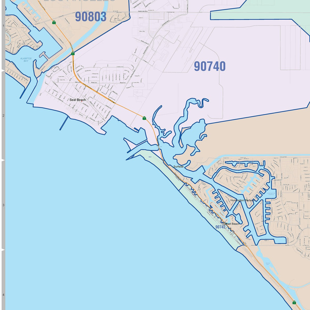 Color Cast Zip Code Style Wall Map of Huntington Beach, CA