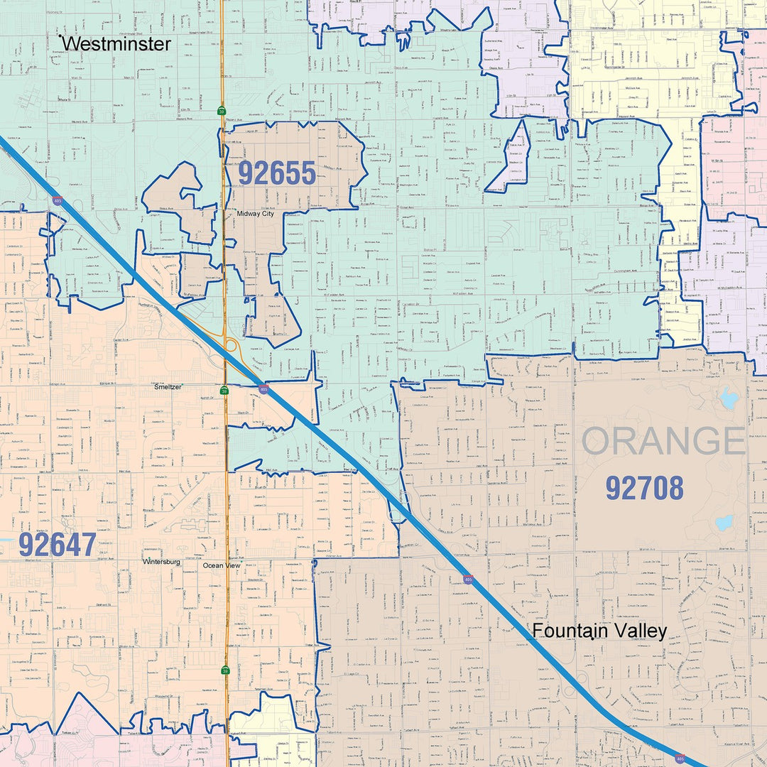 Color Cast Zip Code Style Wall Map of Huntington Beach, CA