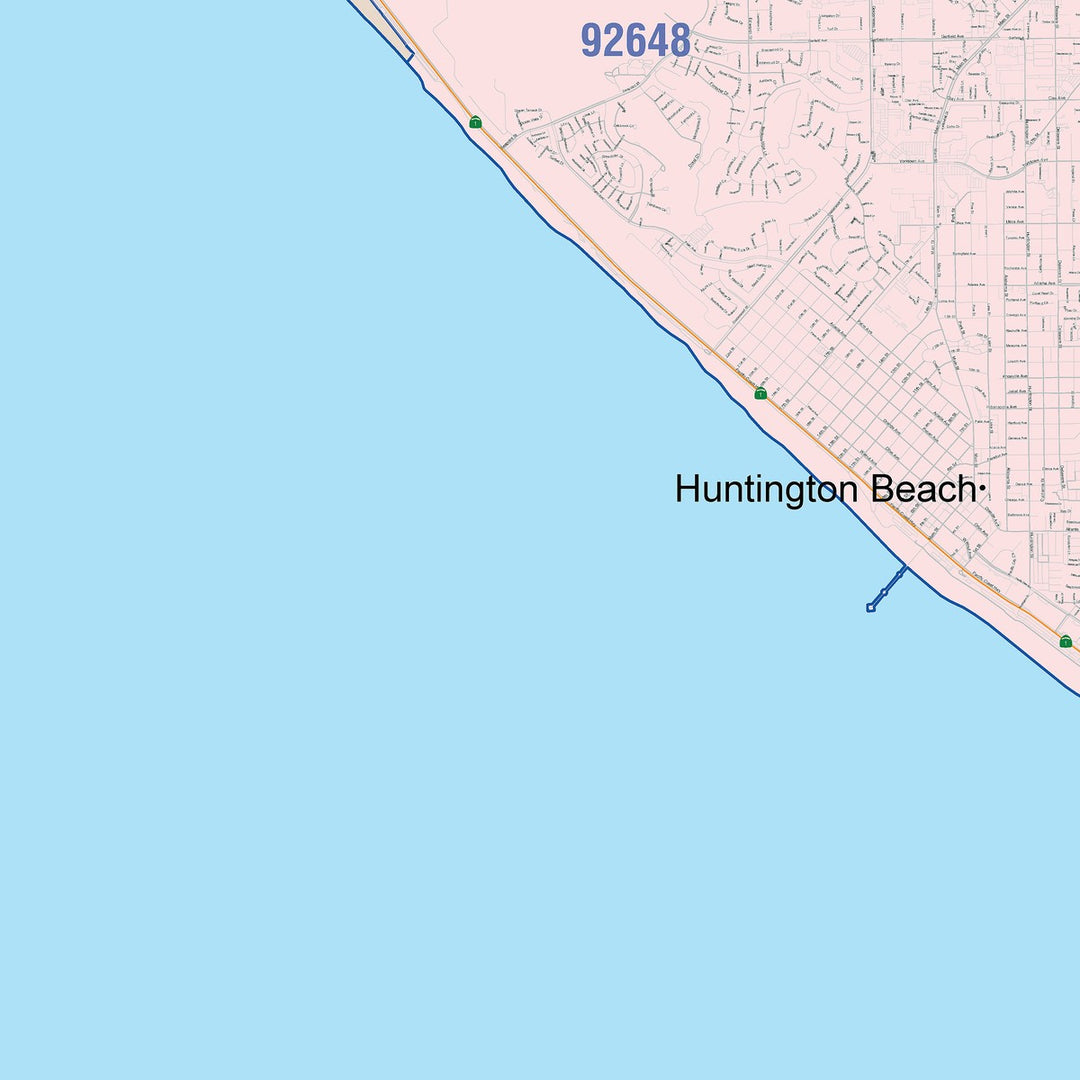 Color Cast Zip Code Style Wall Map of Huntington Beach, CA