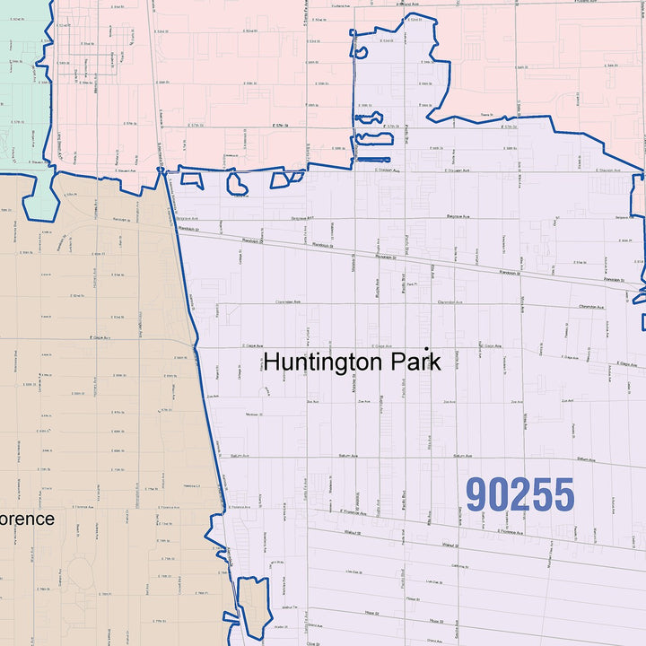 Color Cast Zip Code Style Wall Map of Huntington Park, CA