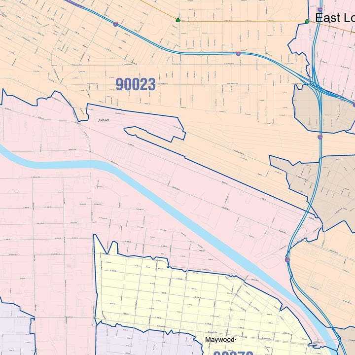Color Cast Zip Code Style Wall Map of Huntington Park, CA