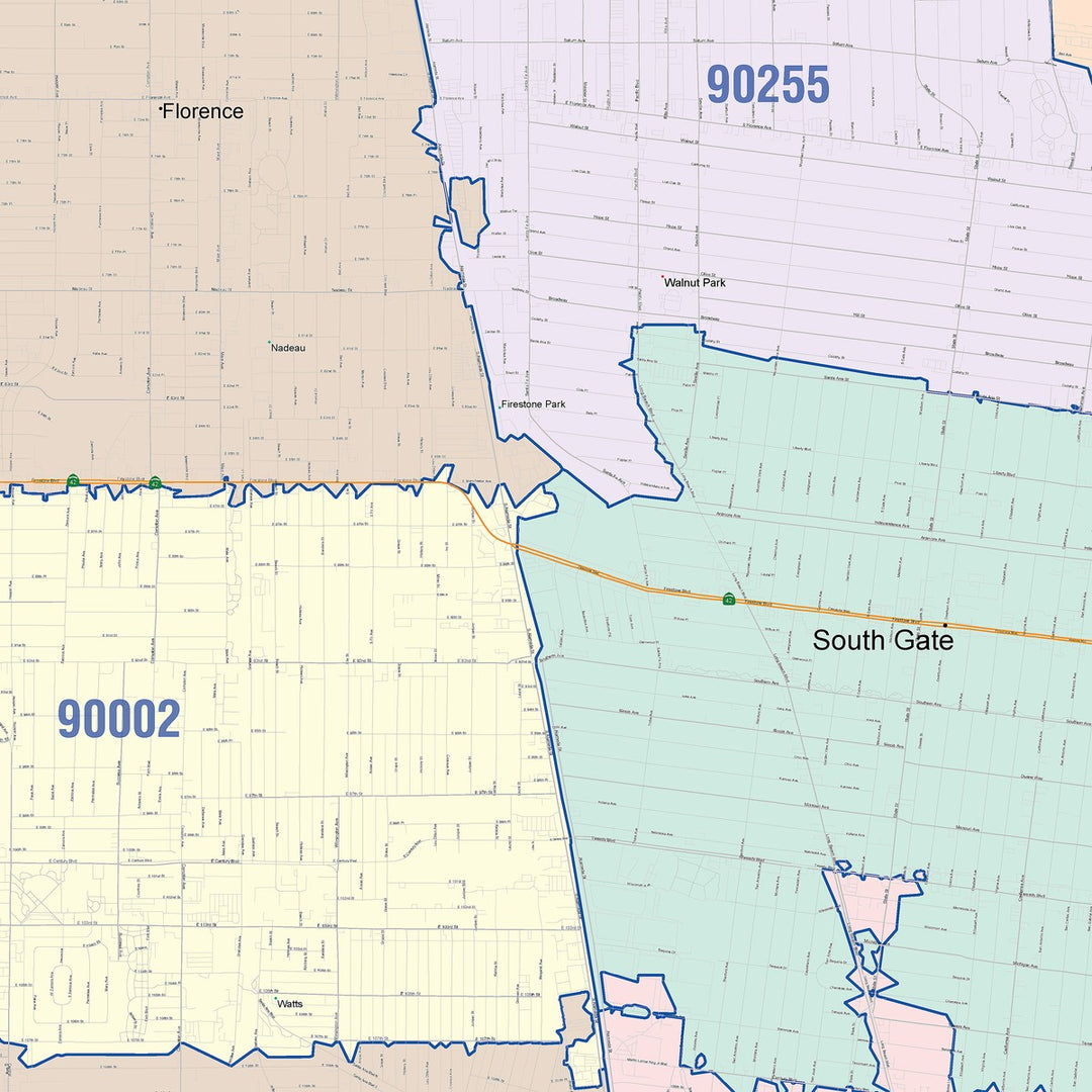 Color Cast Zip Code Style Wall Map of Huntington Park, CA