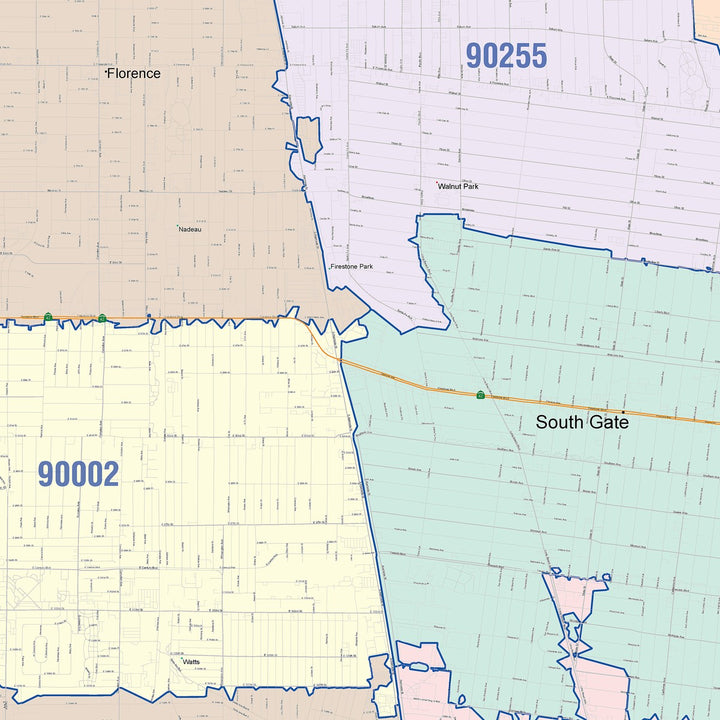 Color Cast Zip Code Style Wall Map of Huntington Park, CA
