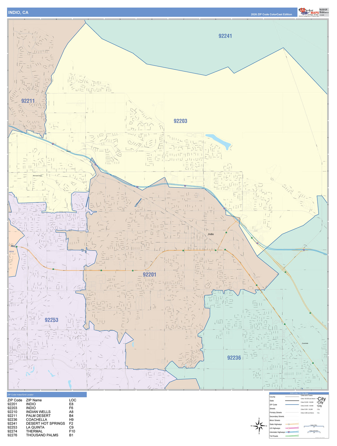 Color Cast Zip Code Style Wall Map of Indio, CA