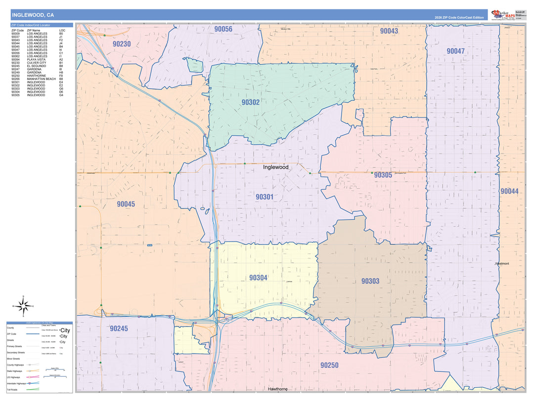 Color Cast Zip Code Style Wall Map of Inglewood, CA