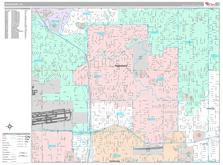 Premium Style Wall Map of Inglewood, CA