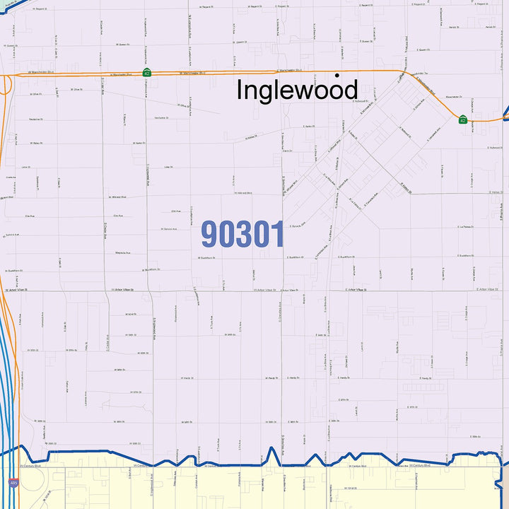 Color Cast Zip Code Style Wall Map of Inglewood, CA