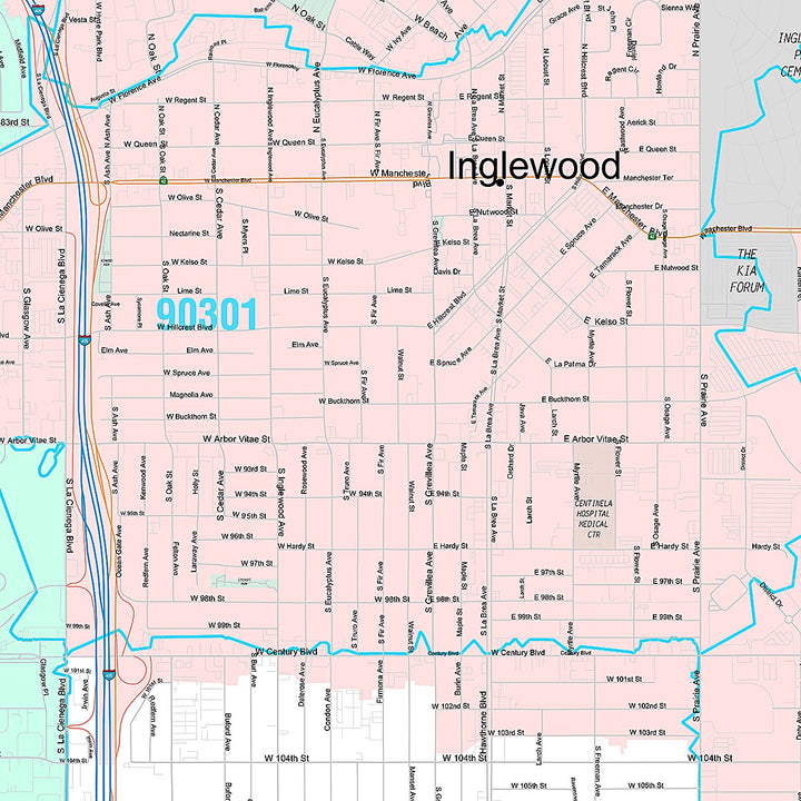 Premium Style Wall Map of Inglewood, CA
