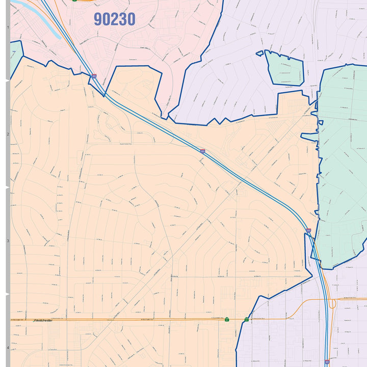 Color Cast Zip Code Style Wall Map of Inglewood, CA