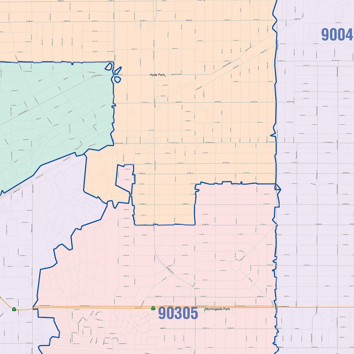 Color Cast Zip Code Style Wall Map of Inglewood, CA