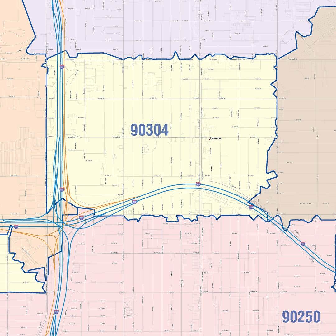 Color Cast Zip Code Style Wall Map of Inglewood, CA