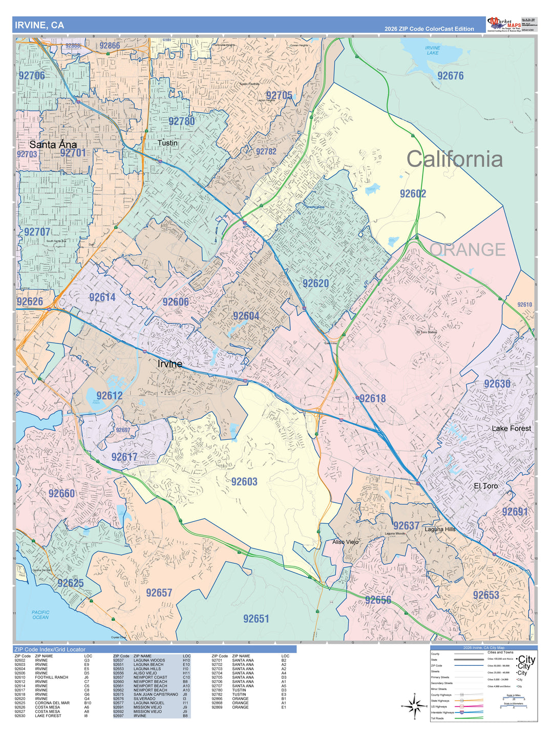 Color Cast Zip Code Style Wall Map of Irvine, CA
