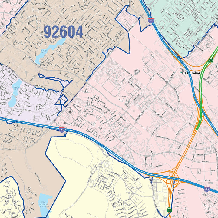 Color Cast Zip Code Style Wall Map of Irvine, CA