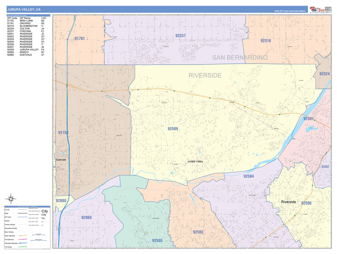 Color Cast Zip Code Style Wall Map of Jurupa Valley, CA
