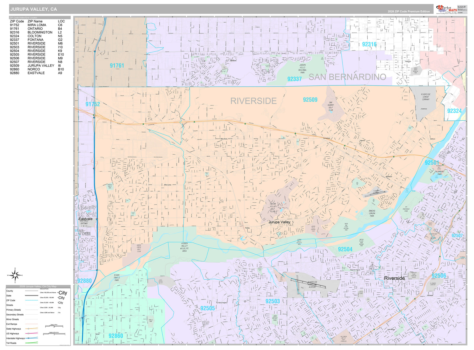 Premium Style Wall Map of Jurupa Valley, CA