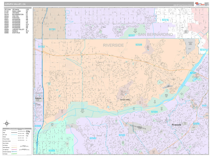 Premium Style Wall Map of Jurupa Valley, CA
