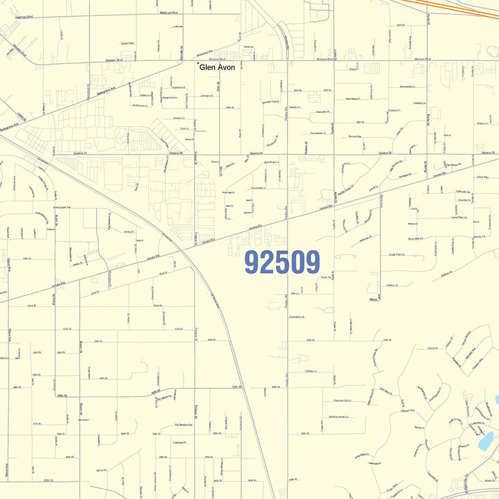 Color Cast Zip Code Style Wall Map of Jurupa Valley, CA