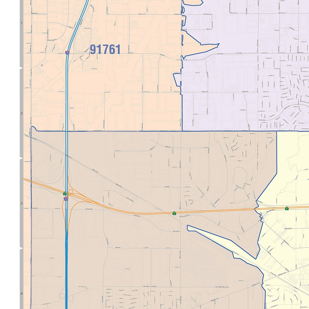 Color Cast Zip Code Style Wall Map of Jurupa Valley, CA