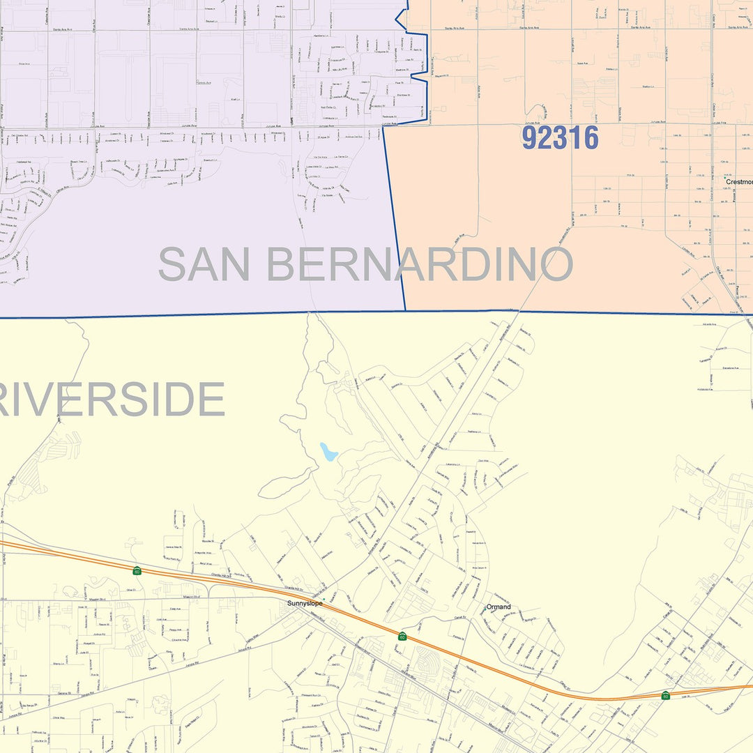 Color Cast Zip Code Style Wall Map of Jurupa Valley, CA