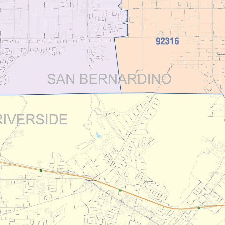 Color Cast Zip Code Style Wall Map of Jurupa Valley, CA