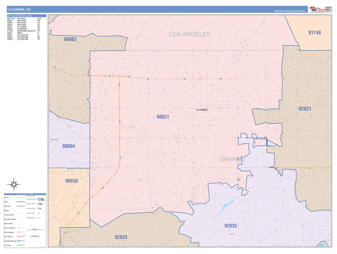 Color Cast Zip Code Style Wall Map of La Habra, CA