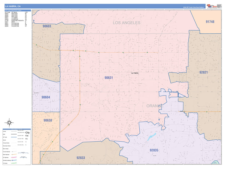 Color Cast Zip Code Style Wall Map of La Habra, CA