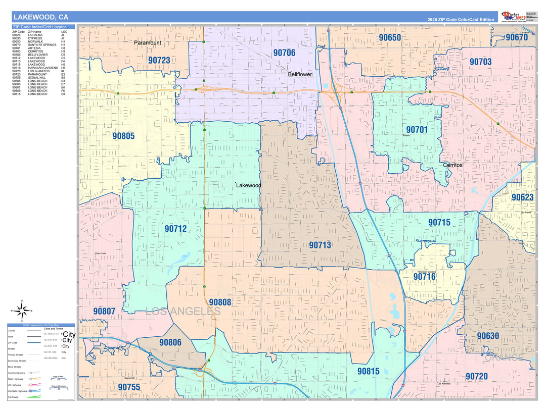 Color Cast Zip Code Style Wall Map of Lakewood, CA