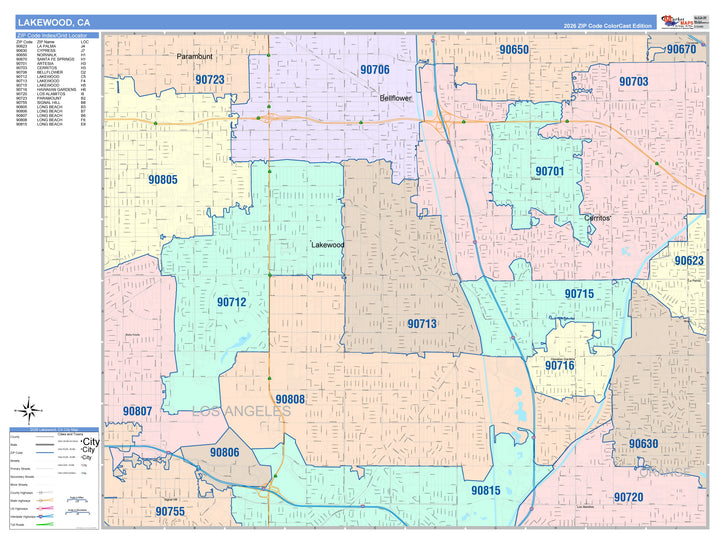 Color Cast Zip Code Style Wall Map of Lakewood, CA