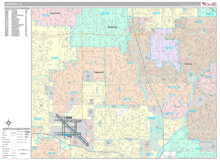 Premium Style Wall Map of Lakewood, CA