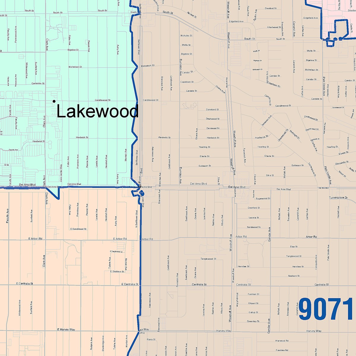 Color Cast Zip Code Style Wall Map Of Lakewood CA American Map Store Ca Lakewood 02 Detail Center 